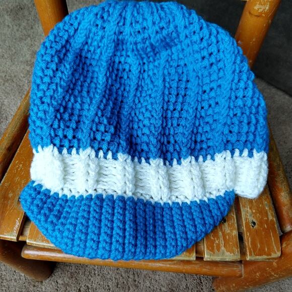 Pool Blue Slouchy with a Brim white band handmade crochet OSFM ready to ship main image 7